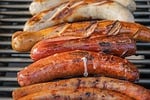 Random: sausage, grilling, meat, grill, grill grate, heat, tasty, picnic, summer, outdoor, barbecue, fast food, simple meal, roasted, fried, spiced, moonlight, nature, snack, delicious