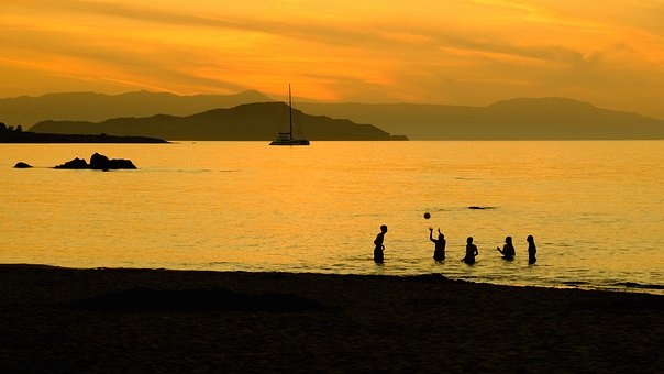 Solnedgang, Silhuet, Hav, Strand, Båd