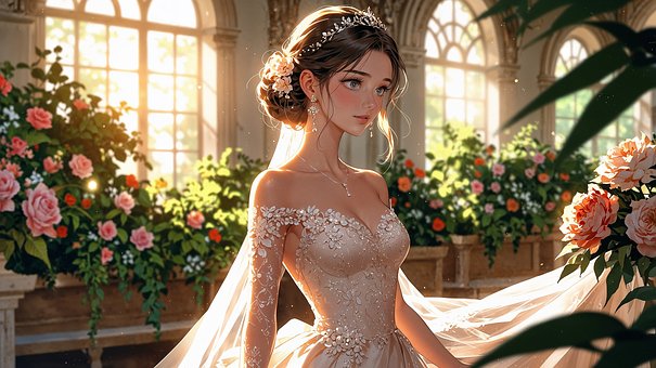 Frau, Braut, Kleid, Stirnband, Blumen