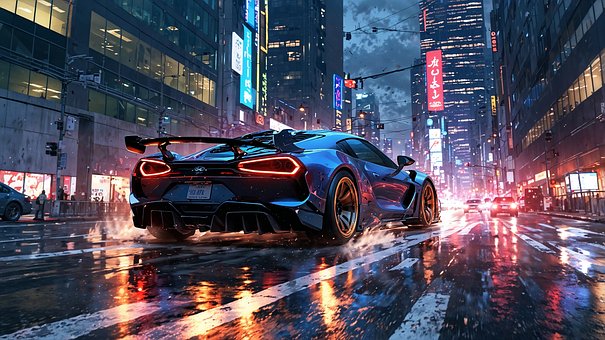 Cyberpunk, Auto, Rennen, Stadt, Nacht