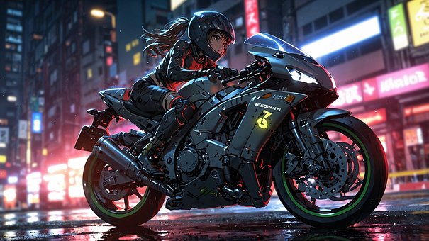 Motorrad, Nachtszene, Frau, Cyberpunk