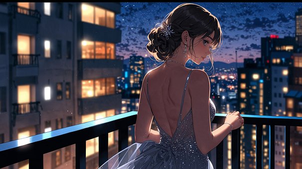 Frau, Kleid, Braut, Balkon, Stadt