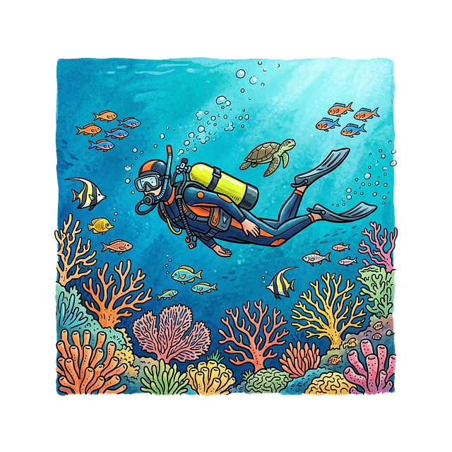 Free diving snorkeling coral reef illustration
