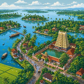 Templo, Río, Naturaleza, Palmeras