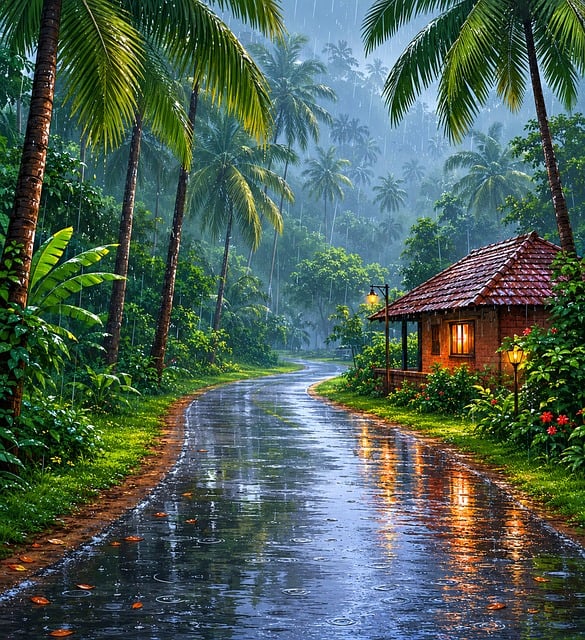 Lluvia, Palmeras De Coco, Camino Mojado