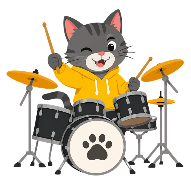 Free drumming cat yellow hoodie cartoonist vector