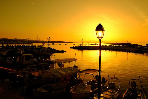 Solnedgang, Hav, Lampe, Havn, Båd