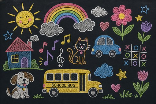 Kreide, Tafel, Schule, Regenbogen, Katze