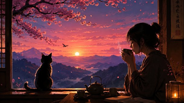 Pôr Do Sol, Flores De Cerejeira, Gato