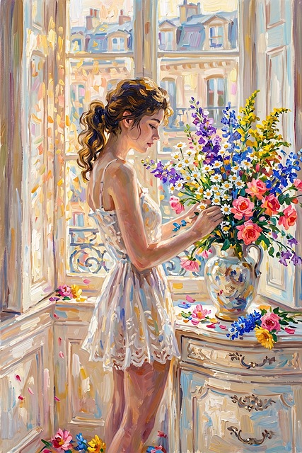 Mujer, Flores, Jarrón, Verano, Ventana