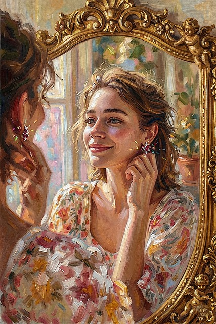 Pintura, Mujer, Espejo, Flores, Joyería