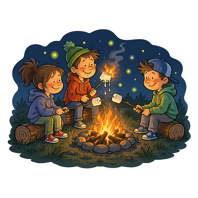 Free campfire kids marshmallows on sticks illustration
