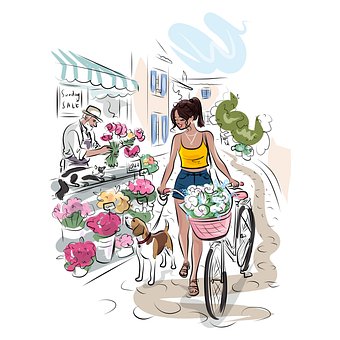 Frau, Fahrrad, Hund, Blumenladen, Sommer