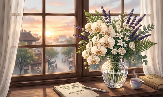 Solopgang, Vindue, Blomster, Vase, Te