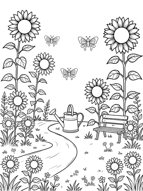 Free sunflower garden bench watering can illustration