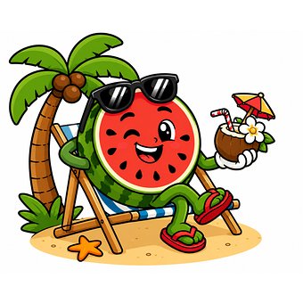 Sandía, Caricatura, Fruta, Playa, Verano