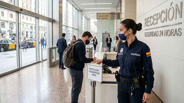 Sicherheit, Empfang, Frau, Innen, Maske