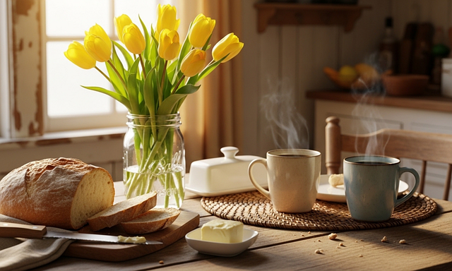 Free good morning yellow tulips flowers in vase illustration