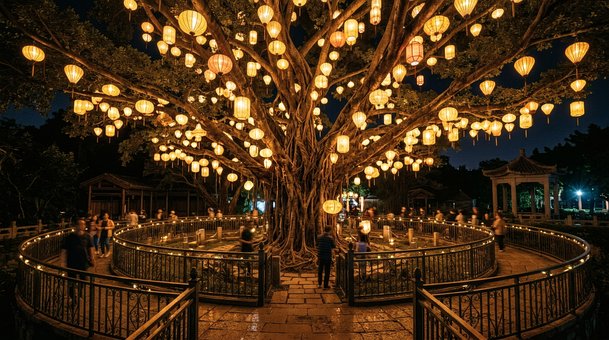 Baum, Laternen, Nacht, Beleuchtet