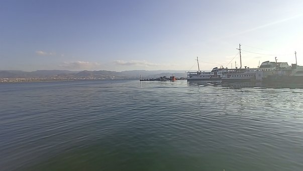 Bjerge, Hav, Båd, Havn, Solrigt, Rolig