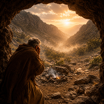 Ermitão, Caverna, Fogo, Pôr Do Sol