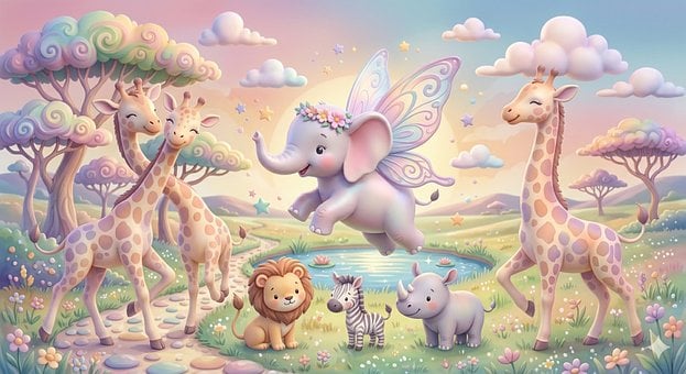 Fantasía, Elefante, Jirafa, Mariposa
