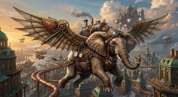 Steampunk, Elefante Mecánico, Fantasía
