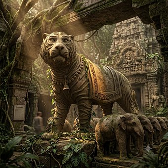 Tigre, Estatua, Jungla, Elefantes