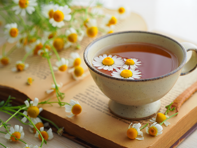 Free ai generated chamomile tea open book illustration