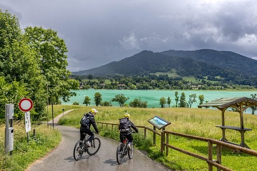 See, Berge, Fahrrad, Himmel, Wolken