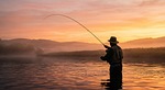 Random: fly fishing, fisherman, fishing rod, river, mist, ripples, morning light, waders, hat, calm, reflection, nature, leisure, mountains, horizon, outdoor, scenery, sport, recreation, golden hour