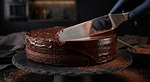 Random: chocolate cake, layered cake, chocolate frosting, icing spatula, cake decorator, gloved hand, ganache, glossy shine, chocolate shavings, dark background, cocoa powder, slate stand, professional baking, cake design, decadent dessert, chocolate lover, pastry chef, culinary precision, rich texture