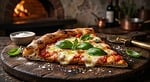 Random: gourmet pizza, wood-fired pizza, neapolitan pizza, slice of pizza, melted mozzarella, tomato sauce, fresh basil leaves, olive oil drizzle, sea salt crystals, wooden serving board, pizza cutter, pizza oven background, log fire, rustic restaurant, italian food, classic margherita, crispy crust, garlic in background, copper pans, oven background