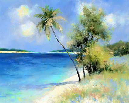 Malerei, Meer, Strand, Palmenbaum, Natur