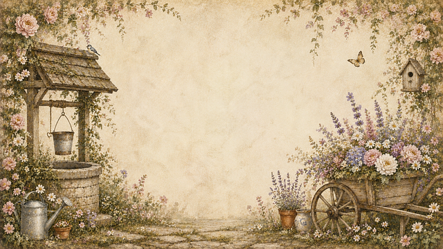 Free cottage garden wishing well flower cart illustration