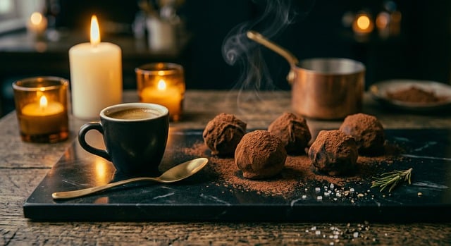 Free chocolate truffles cocoa powder marble platter illustration