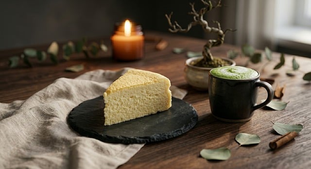 Free japanese cheesecake soufflé cheesecake matcha latte illustration