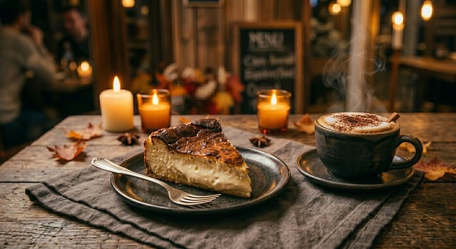 Free basque cheesecake caramelized surface hot cappuccino illustration