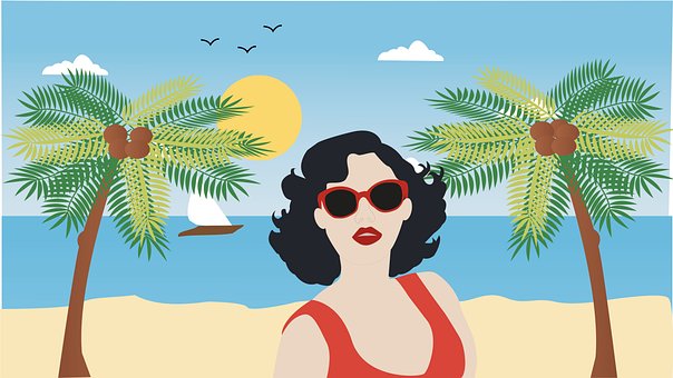 Mulher, Praia, Verão, Mar, Palmeira