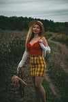 Random: woman, portrait, autumn, nature, field, model, blonde, red, hat, fashion, yellow, path, plush, outdoor, eclectic, romantic, plaid, corset, inspirational, gypsy style