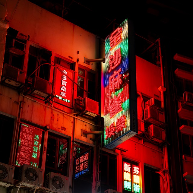 Neon, By, Farverig, Reklame, Nat, Lys