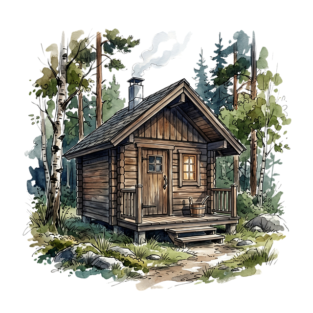 Free watercolor log cabin forest illustration