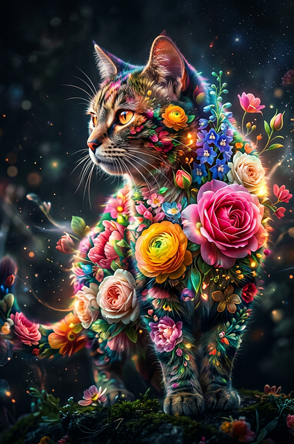 Katze, Blumen, Fantasie, Magisch, Bunt
