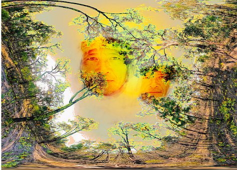 Arte, Árvores, Rostos, Colagem, Fantasia