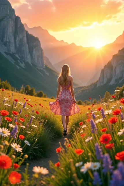 Natur, Sonnenuntergang, Berge, Frau