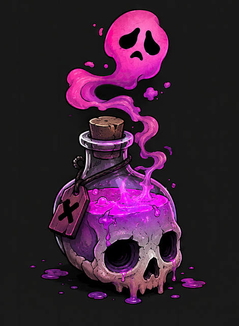 Free haunted potion skull bottle purple magic liquid illustration