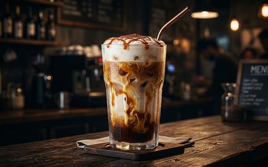 Eiskaffee, Glas, Karamell, Strohhalm