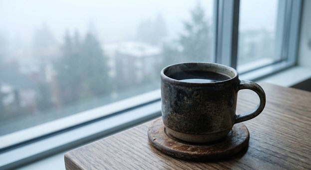Krus, Vindue, Træbord, Kaffekrus, Tåge