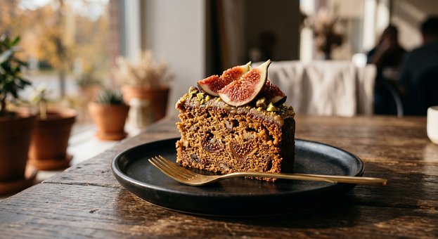 Figenkage, Pistacie, Træbord, Gaffel