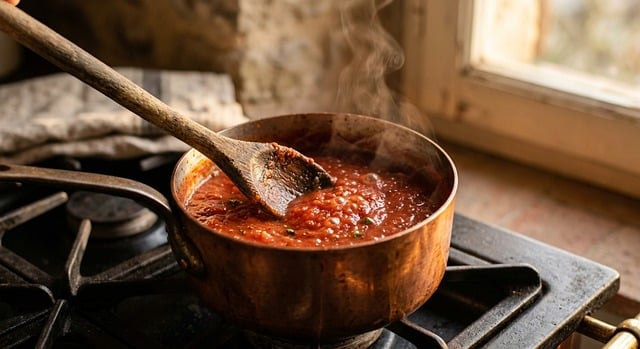 Free tomato sauce copper pot wooden spoon illustration